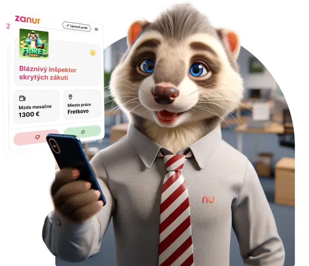 Roztomilá fretka si v mobile prezerá pracovné ponuky, ktoré jej našiel pracovný portál Zanur. Je spokojná, lebo nepotrebuje životopis.