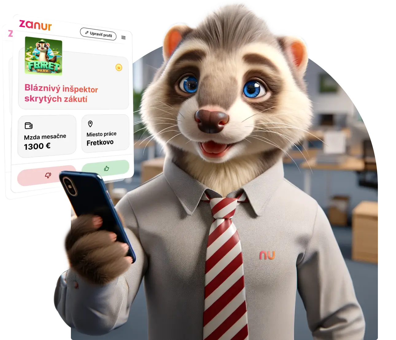 Roztomilá fretka si v mobile prezerá pracovné ponuky, ktoré jej našiel pracovný portál Zanur. Je spokojná, lebo nepotrebuje životopis.